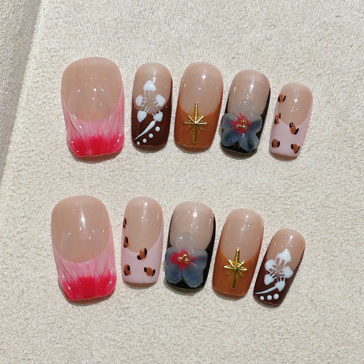 Faux ongles à pression Carré Moyen Multicolore Fleurs Sculptées Glamour - Faits main (Lot de 10)