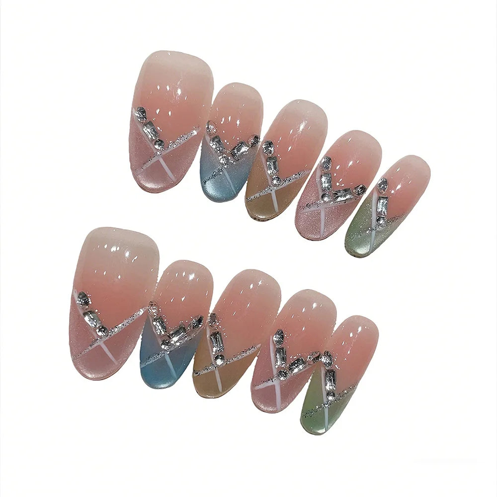 Faux ongles à pression Ovale Moyen Nude Géométrique Multicolore Strass – Faits main (Lot de 10)