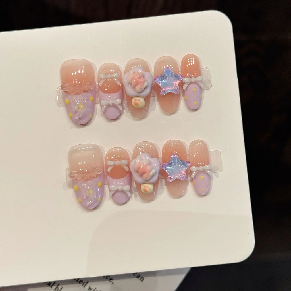 Faux ongles à pression Ovale Moyen Rose Violet Dégradé Sweet Vitality - Faits main (Lot de 10)