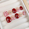 Faux ongles à pression - Carrés arrondie - Rouge Tweed Perle Strass – Faits main (Lot de 10)