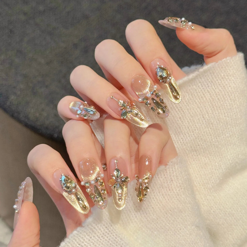 Faux ongles à pression Ovale Long Champagne Zircon French Diamant Œil de Chat - Faits main (Lot de 10)
