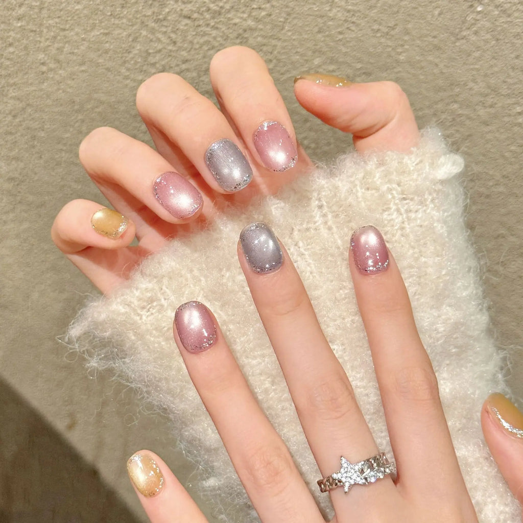 Faux ongles à pression Carré arrondi Court Rose Poudré Or Argent Contraste Flash - Faits main (Lot de 10)