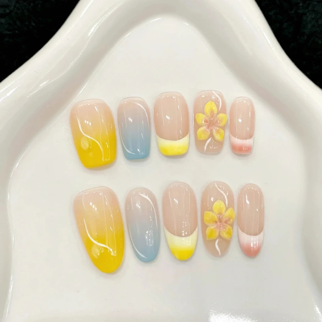 Faux ongles à pression Pastel Fleurs Ensoleillées - Faits main (Lot de 10)
