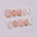 Faux ongles à pression Carré Arrondi Court Nude Rosé Fleur Transparente Dorée – Faits main (Lot de 10)