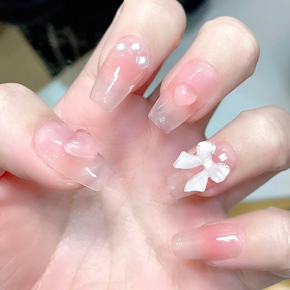 Faux ongles à pression Trapèze Court Rose Strass Cœur Nœud Kawaii - Faits main (Lot de 10)