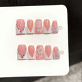 Faux ongles à pression Duck Moyen Rose Blanc French Fleurs 3D Diamants Colorés - Faits main (Lot de 10)