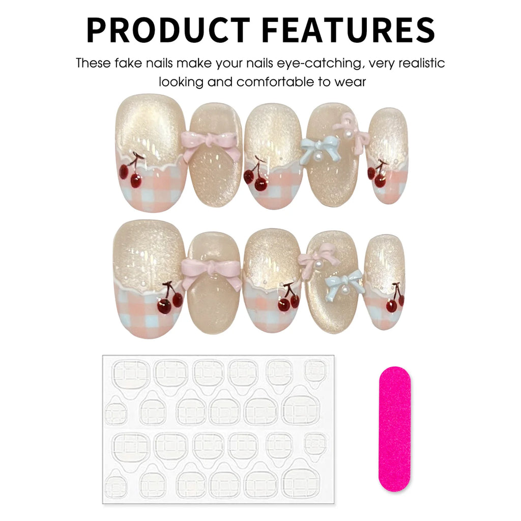 Faux ongles à pression Ovale Court Nœud Effet Miroir - Faits main (Lot de 10)