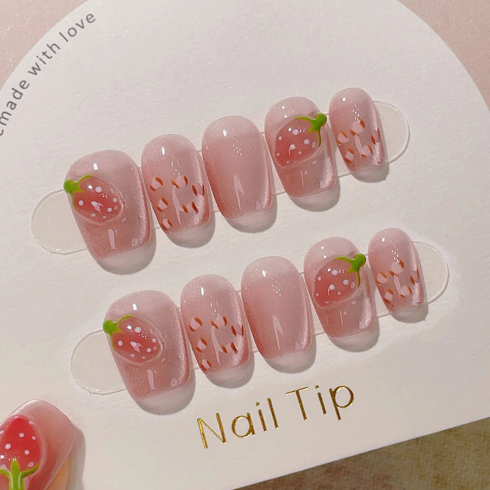 Faux ongles Ovales Fraise 3D Transparente – Faits main (Lot de 10)