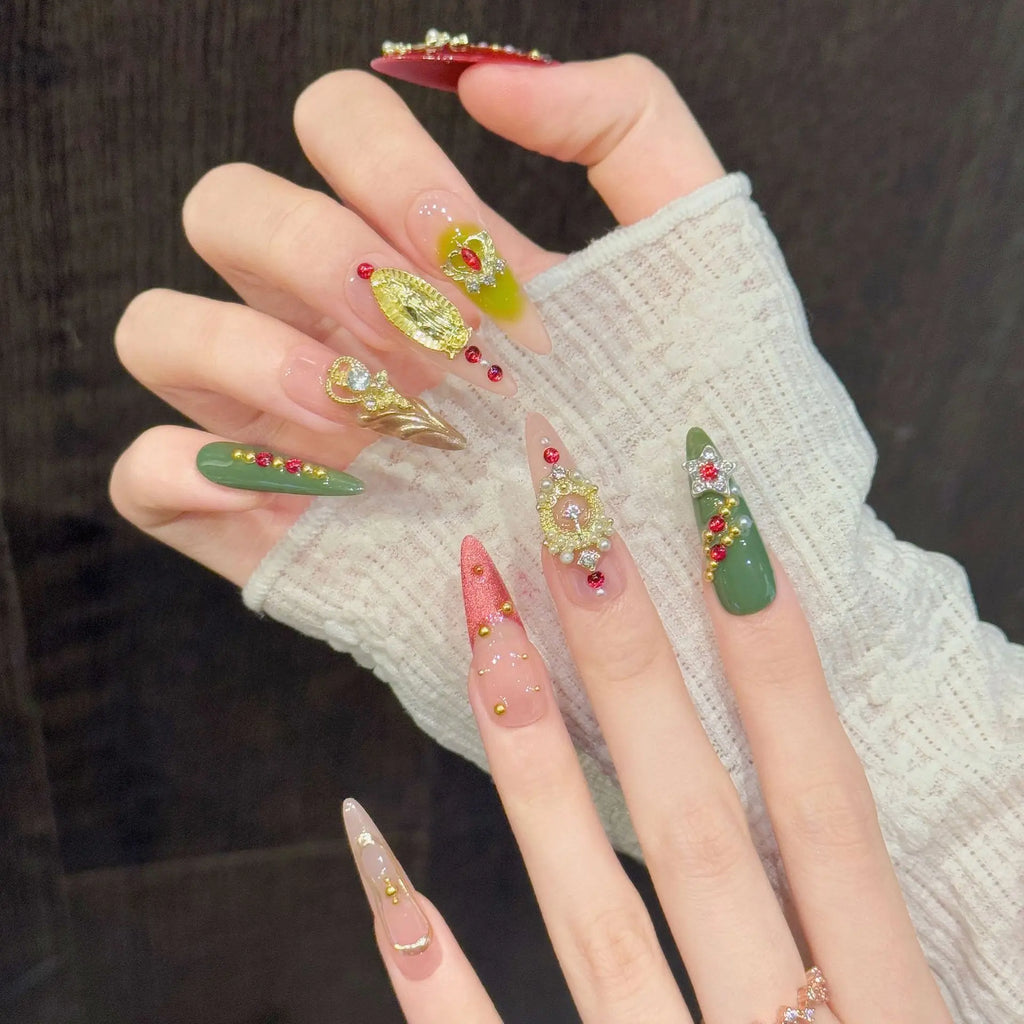 Faux ongles à pression Stiletto Long Rouge Vert Baroque Rétro - Faits main (Lot de 10)
