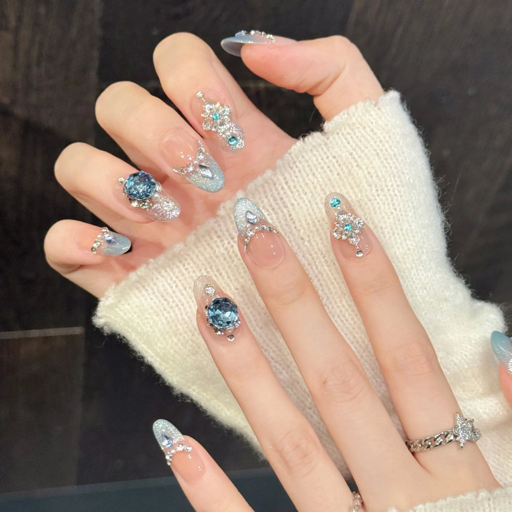Faux ongles à pression Ovale Moyen Rose Bleu Dégradé Vent de Luxe Romantique - Faits main (Lot de 10)