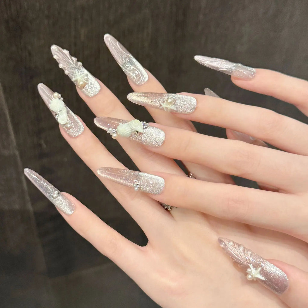 Faux ongles à pression Stiletto Long Perle Nacrée Étoile de Mer Œil de Chat - Faits main (Lot de 10)