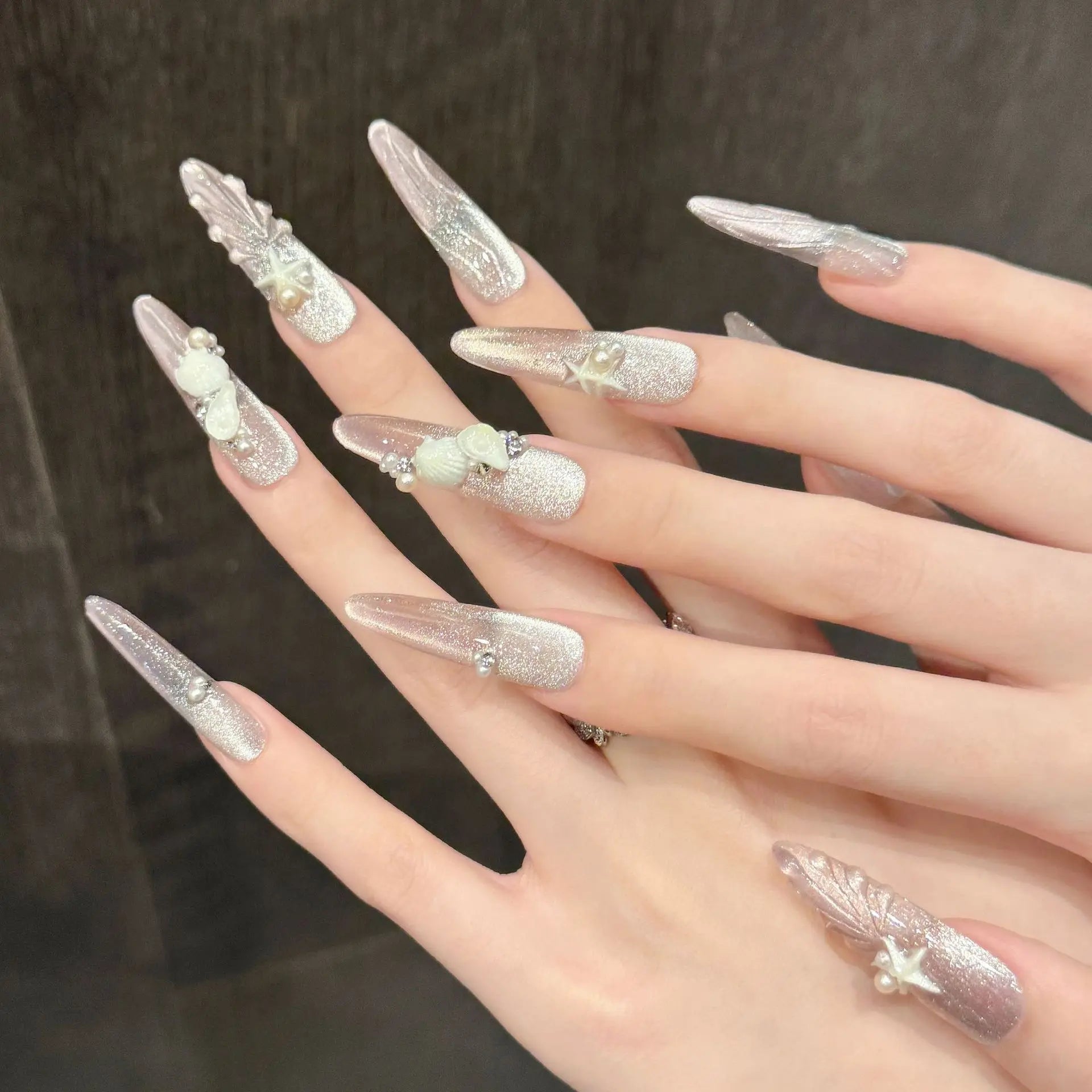 Faux ongles à pression Stiletto Long Perle Nacrée Étoile de Mer Œil de Chat - Faits main (Lot de 10)