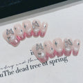 Faux ongles à pression Trapèze Court Rose Papillon Argenté Étoiles Romance - Faits main (Lot de 10)