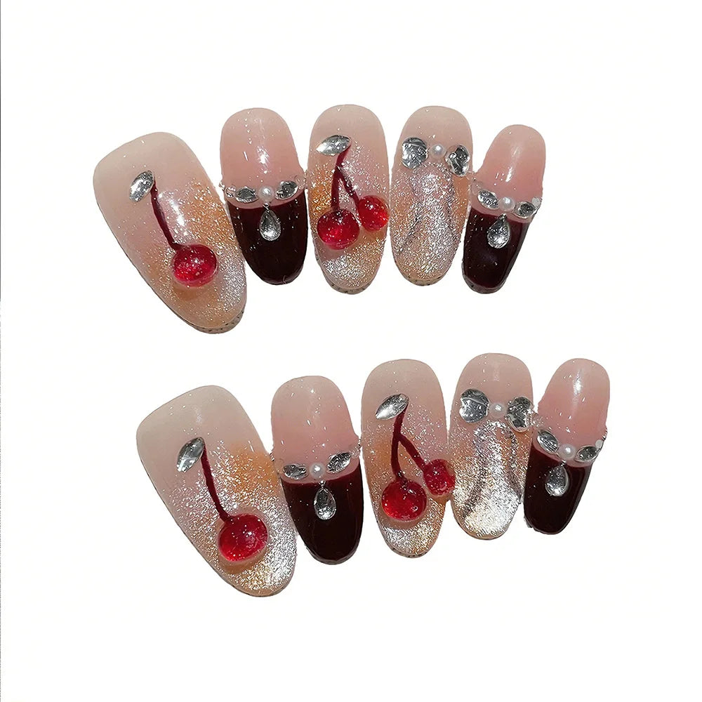 Faux ongles à pression Ovale Moyen Nude Dégradé Cerises Mignonnes - Faits main (Lot de 10)